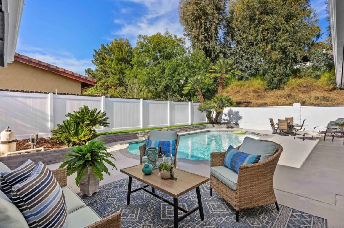 Luxurious outdoor patio with wicker seating, blue patterned rug, wooden coffee table, and sparkling pool.