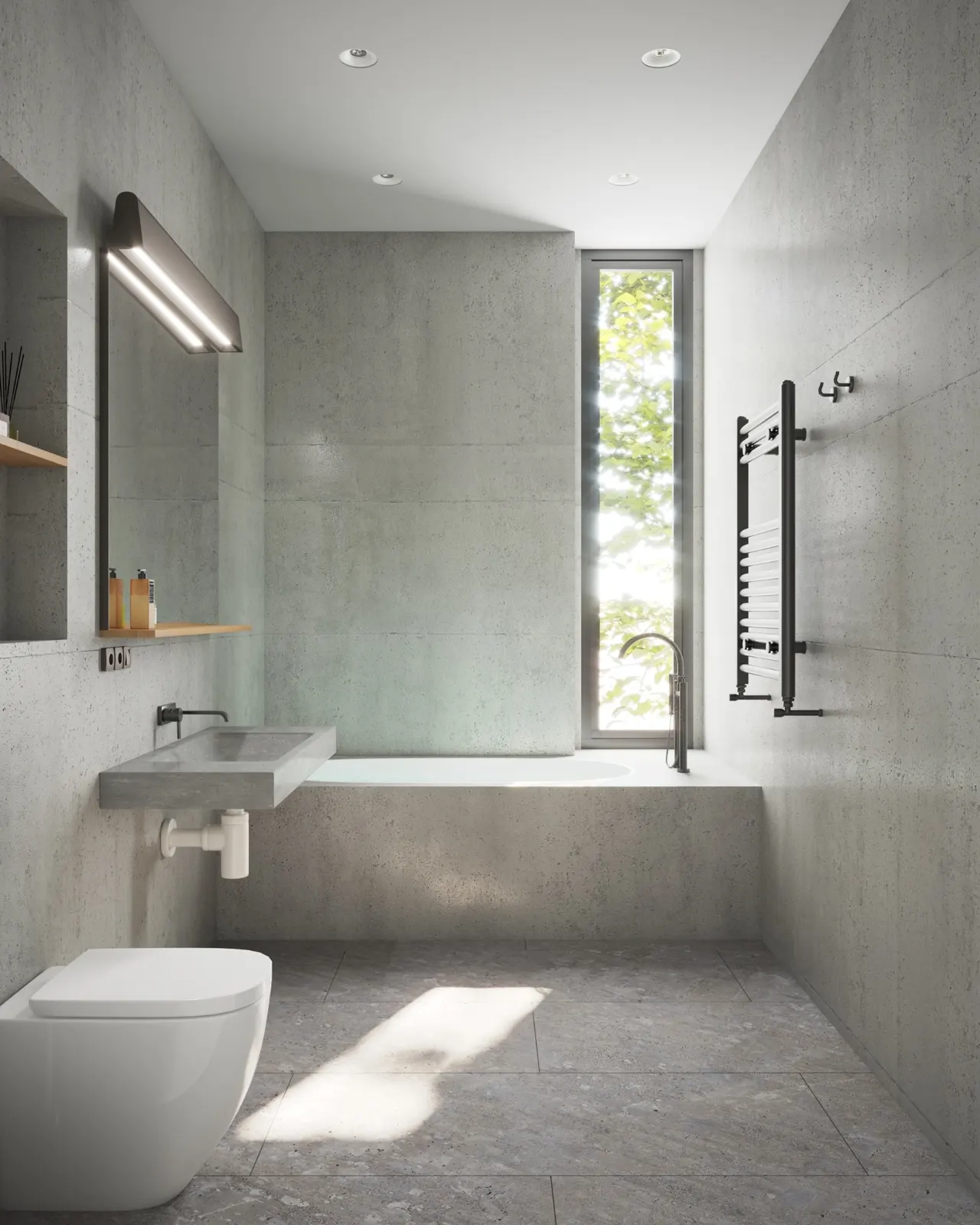 Modern bathroom with concrete walls and floor, floating sink, toilet, tub, vertical window, and black towel warmer.
