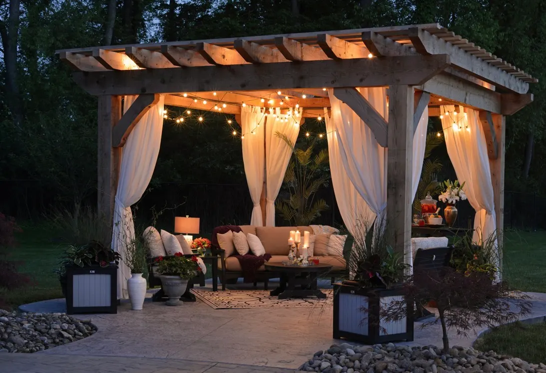 Elegant wooden pergola with string lights, white sheer curtains, comfortable outdoor seating, and decorative planters at dusk.
