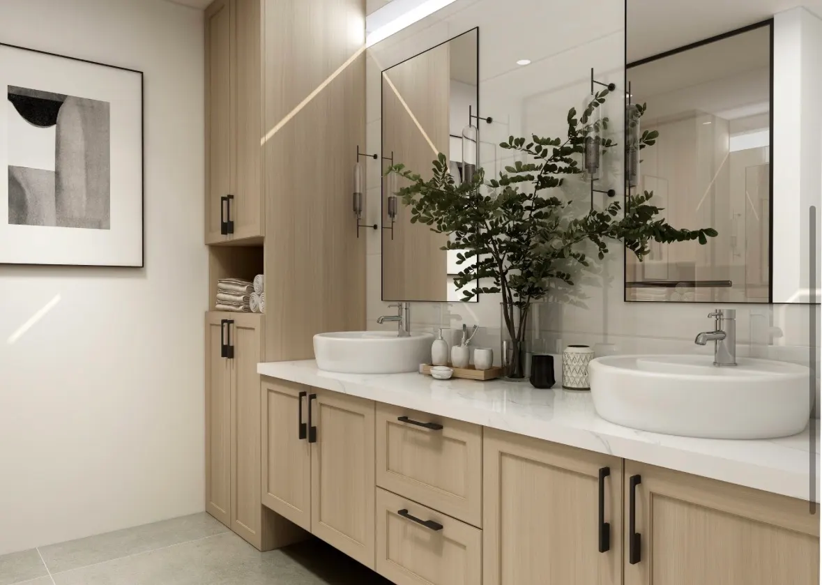 Modern bathroom with light wood vanity, white vessel sinks, rectangular mirrors, and black hardware accents.