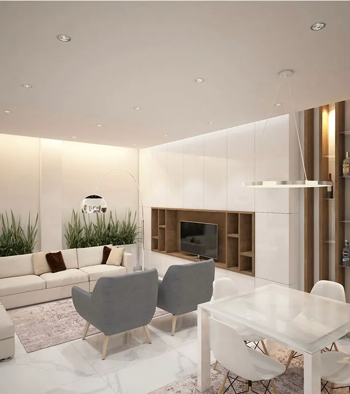 Modern open-concept living room and dining area with white tile floors, built-in entertainment center, and sleek furniture.