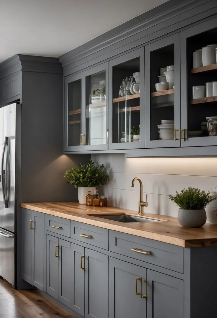 Modern kitchen with dark grey shaker cabinets, wood countertops, gold faucet, and under-cabinet lighting.