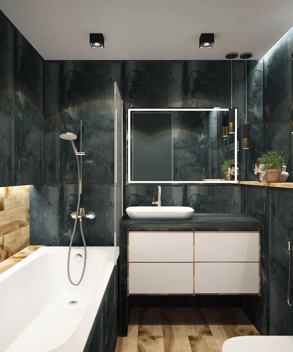 Modern bathroom remodel featuring dark textured walls, floating vanity, backlit mirror, and wooden floor/accents.