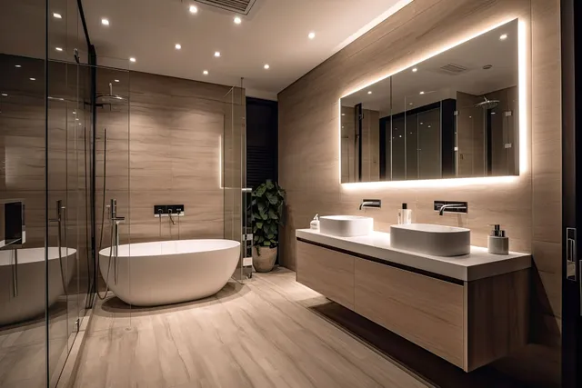 Luxurious modern bathroom with warm wood-paneled walls, freestanding soaking tub, glass walk-in shower, dual vessel sinks, and a large backlit LED mirror.