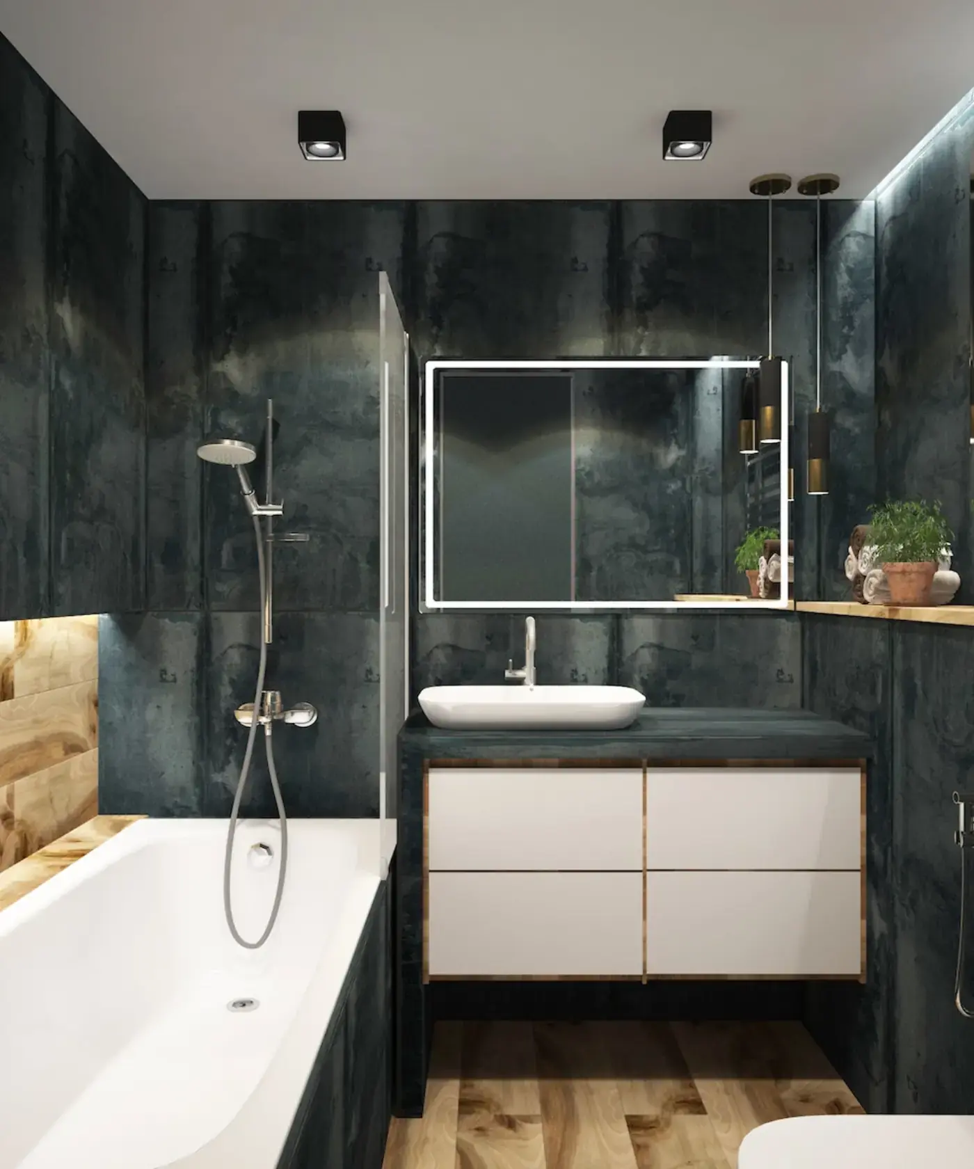 Moody contemporary bathroom with deep teal textured walls, backlit mirror, vessel sink, and warm wood floor